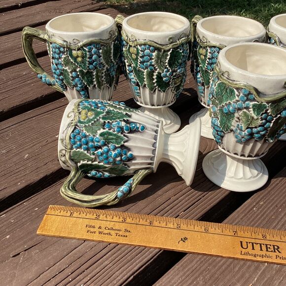 Arnel’s Majolica-Style Grape Pedestal Mugs Set of‎ 6, Vintage USA - Picture 6 of 6